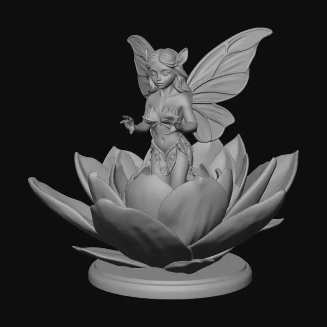 3D model for A detailed miniature of a tiny forest fairy with delicate translucent butterfly wings, standing inside a blooming pink lotus flower. The fairy is wearing a dress made of green leaves. High detail, smooth surfaces, optimized for 3D printing, solid base, 8k resolution, stylized fantasy art.