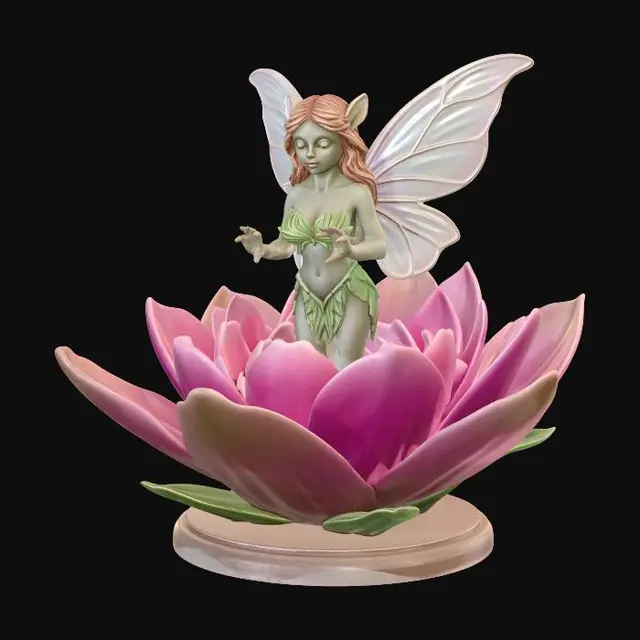 3D model for A detailed miniature of a tiny forest fairy with delicate translucent butterfly wings, standing inside a blooming pink lotus flower. The fairy is wearing a dress made of green leaves. High detail, smooth surfaces, optimized for 3D printing, solid base, 8k resolution, stylized fantasy art.