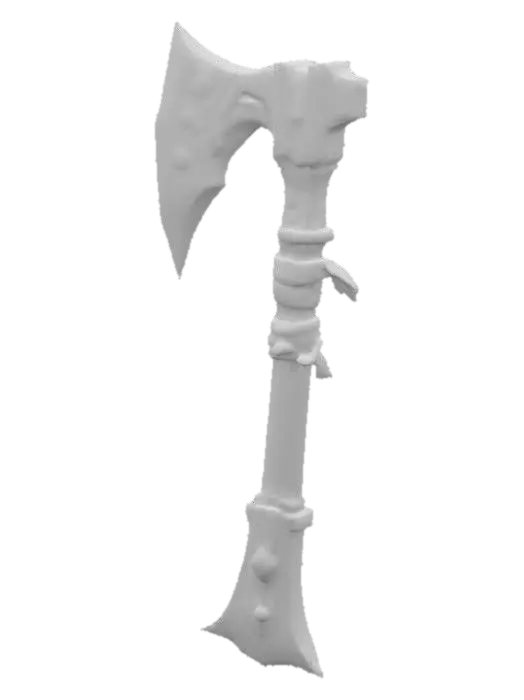 3D model for #PBR#, A formidable, oversized Orcish war axe, crafted from dark, heavily forged steel, embodying a distinct World of Warcraft art style. Its massive, curved blade features a jagged, unpolished edge, suggesting raw, brutal power. The steel surface exhibits a textured, hammered finish with visible nicks and scratches, indicative of countless battles. A thick, worn leather wrap covers the stout haft, secured by crude iron studs, providing a rough, firm grip. The axe's overall silhouette is aggressive and exaggerated, with bulky proportions.