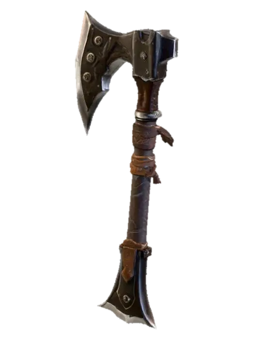 3D model for #PBR#, A formidable, oversized Orcish war axe, crafted from dark, heavily forged steel, embodying a distinct World of Warcraft art style. Its massive, curved blade features a jagged, unpolished edge, suggesting raw, brutal power. The steel surface exhibits a textured, hammered finish with visible nicks and scratches, indicative of countless battles. A thick, worn leather wrap covers the stout haft, secured by crude iron studs, providing a rough, firm grip. The axe's overall silhouette is aggressive and exaggerated, with bulky proportions.