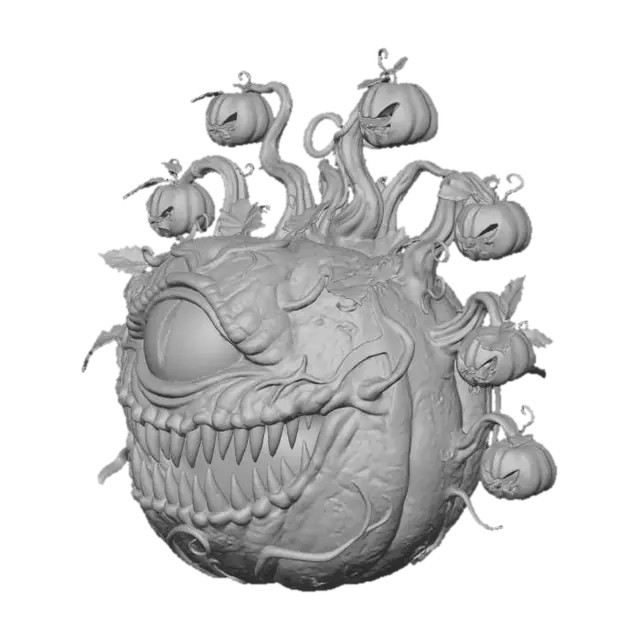 3D model for #Halloween2025#, Pumpkin Beholder with one eye and a big mouth with sharp teeth from dungeons and dragons with pumpkin eyes on vine eye stalks coming from the top and sides of it