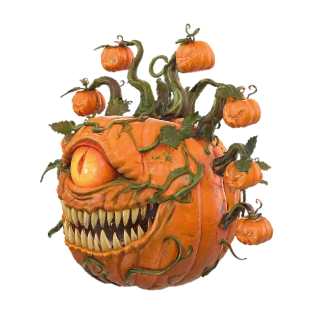 3D model for #Halloween2025#, Pumpkin Beholder with one eye and a big mouth with sharp teeth from dungeons and dragons with pumpkin eyes on vine eye stalks coming from the top and sides of it