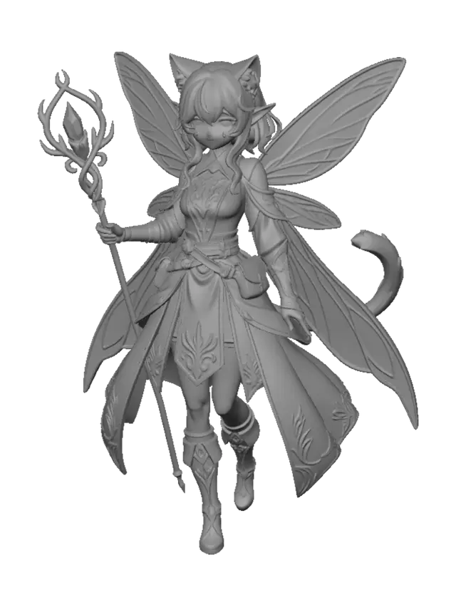 3D model for I want a cute elf cat girl in a mystical fairy inspired outfit. She can have a dagger in one hand. Her outfit needs to be adventure like as well.