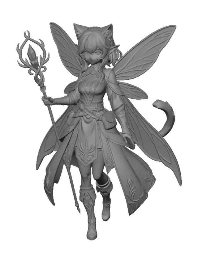 3D model for I want a cute elf cat girl in a mystical fairy inspired outfit. She can have a dagger in one hand. Her outfit needs to be adventure like as well.