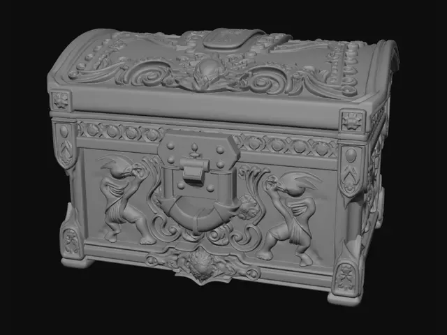 3D model for heavily strylized treasure chest, closed, optimized for 3d printing with no supports needed to print it standing up