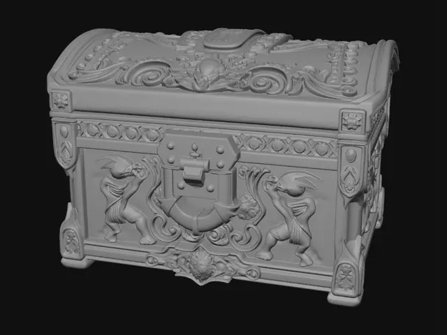 3D model for heavily strylized treasure chest, closed, optimized for 3d printing with no supports needed to print it standing up