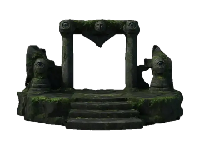 dark sci-fi overgrown stone ruins raised altar platform with carved eyes, with… - Spiral 3D model, vytvořený pomocí AI