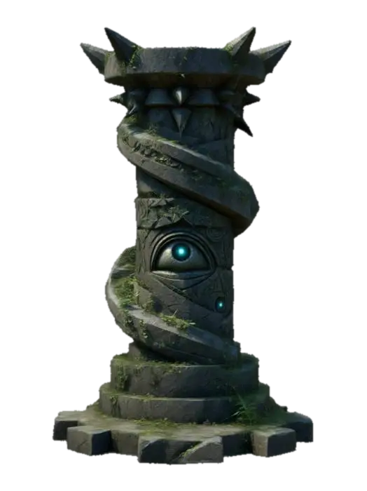 dark ancient sci-fi overgrown stone spiky pillar in spiral shape and spikes, carved… 3D model, vytvořený pomocí AI