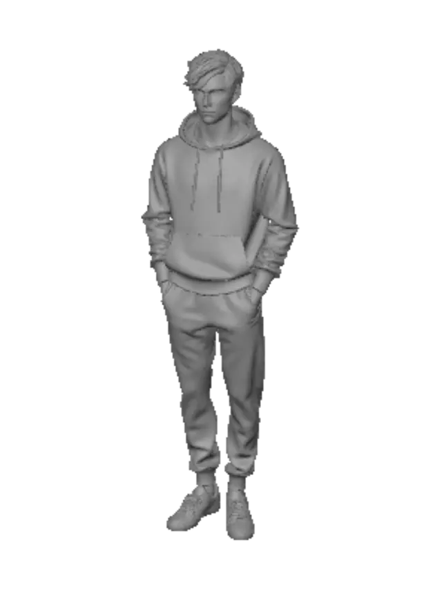 3D model for postac 3d gracza, kompatybilna z unreal engine 5.8, mezczyzna, wysoki, umiesniony, brazowe wlosy, ubrany w szare spodnie i bluze dresowa, czasy terazniejsze, pochodzenie polskie