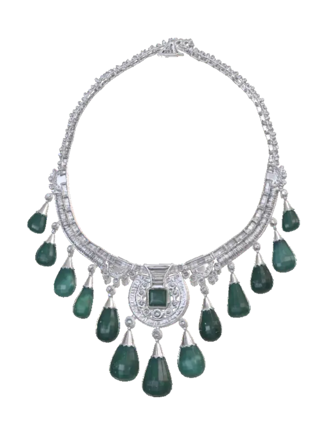 High Jewelry Art Déco Emerald Fringe Necklace 3D model, vytvořený pomocí AI