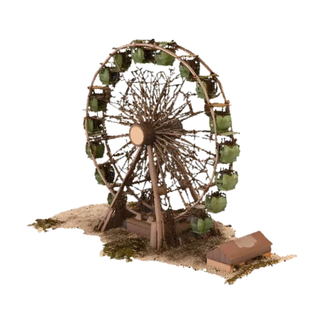 A large, heavily damaged Ferris wheel made of metal. The wheel is partially… - Collapse 3D model, vytvořený pomocí AI