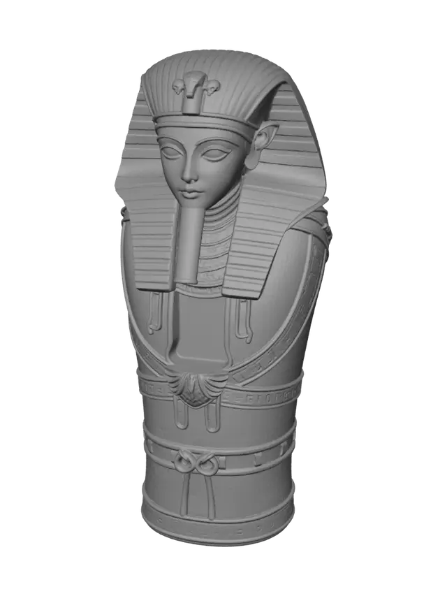 3D model for Ancient Egyptian mummy statue designed as a luxury perfume bottle holder. Standing upright with crossed arms, authentic linen wrappings, hieroglyphs, scarabs, ankhs, Eye of Horus, ornate Egyptian collar, elegant pharaoh mask, museum-quality stone sculpture, highly detailed. Create a smooth vertical cylindrical cavity inside for a removable 50ml perfume bottle, 42mm diameter x 100mm height with 1mm clearance. The mummy splits into two symmetrical halves along the front-center seam to reveal the bottle inside. Hidden seam, clean topology, thick printable walls, stable integrated base with Egyptian carvings, realistic, symmetrical, optimized for high-quality 3D printing