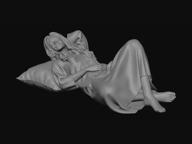 3D model for Hippie woman-long skirt. Barefoot. Long hair, loose cotton top. she is lying on her back, with her head up slightly, as if on a pillow.. Relaxed. One knee bent. One hand behind her head, the other in her lap