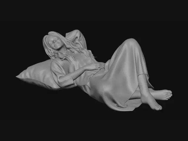 3D model for Hippie woman-long skirt. Barefoot. Long hair, loose cotton top. she is lying on her back, with her head up slightly, as if on a pillow.. Relaxed. One knee bent. One hand behind her head, the other in her lap