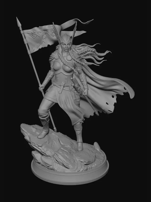 3D model for Norse goddess valkyrie. helmet and banner. she has long hair. Her hair is blowing in the wind. she is wearing armour with a curass with rune emblems on it. . she is standing on a slope and watching a battle in the distance