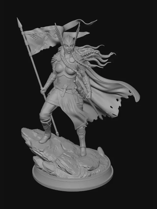 3D model for Norse goddess valkyrie. helmet and banner. she has long hair. Her hair is blowing in the wind. she is wearing armour with a curass with rune emblems on it. . she is standing on a slope and watching a battle in the distance