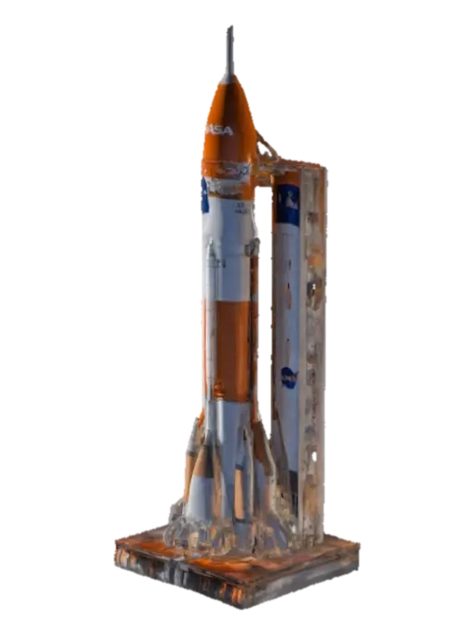NASA Artemis SLS rocket on the launch pad at Kennedy Space Center. The massive… 3D model, vytvořený pomocí AI