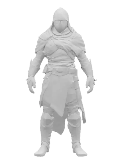 3D model for 一位身披深色斗篷的神秘刺客,身形精瘦而敏捷,斗篷材质轻盈,表面布满细密的褶皱,仿佛能融入阴影。他的脸部被兜帽和面罩遮住大半,只露出一双锐利而冷漠的眼睛。手臂和腿部肌肉线条流畅,展现出力量与爆发力。斗篷下隐约可见皮革护甲的纹理,整体姿态警觉而沉静。