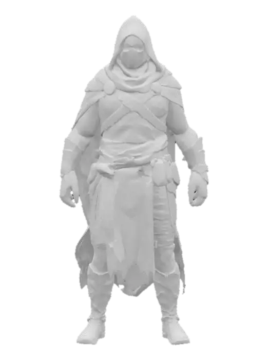 3D model for 一位身披深色斗篷的神秘刺客，身形精瘦而敏捷，斗篷材质轻盈，表面布满细密的褶皱，仿佛能融入阴影。他的脸部被兜帽和面罩遮住大半，只露出一双锐利而冷漠的眼睛。手臂和腿部肌肉线条流畅，展现出力量与爆发力。斗篷下隐约可见皮革护甲的纹理，整体姿态警觉而沉静。