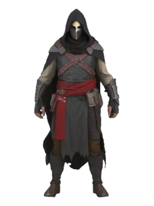 3D model for 一位身披深色斗篷的神秘刺客，身形精瘦而敏捷，斗篷材质轻盈，表面布满细密的褶皱，仿佛能融入阴影。他的脸部被兜帽和面罩遮住大半，只露出一双锐利而冷漠的眼睛。手臂和腿部肌肉线条流畅，展现出力量与爆发力。斗篷下隐约可见皮革护甲的纹理，整体姿态警觉而沉静。