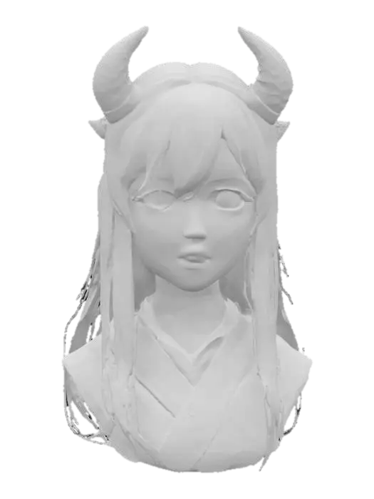 3D model for 一个日式动漫风格的鬼族少女模型。她拥有长而飘逸的黑色或深蓝色长发,额头长有两只光滑的红色或白色小角。她身着传统的和服或改良的日式服饰,衣物上可能绣有火焰或鬼面图案。她的眼睛细长,眼神深邃,表情神秘而带有诱惑力。皮肤白皙,服装材质是丝绸或棉麻,整体造型充满异域风情和神秘魅力。