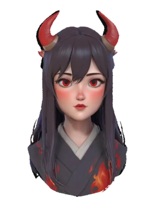 3D model for 一个日式动漫风格的鬼族少女模型。她拥有长而飘逸的黑色或深蓝色长发,额头长有两只光滑的红色或白色小角。她身着传统的和服或改良的日式服饰,衣物上可能绣有火焰或鬼面图案。她的眼睛细长,眼神深邃,表情神秘而带有诱惑力。皮肤白皙,服装材质是丝绸或棉麻,整体造型充满异域风情和神秘魅力。