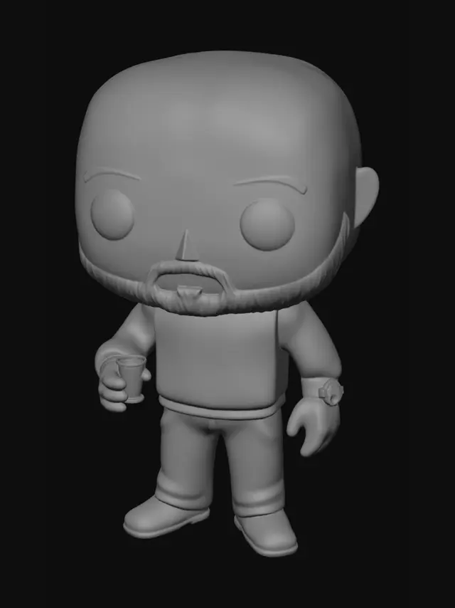 3D model for stile funko pop con un bicchierino in mano senza capelli solo con la barba
