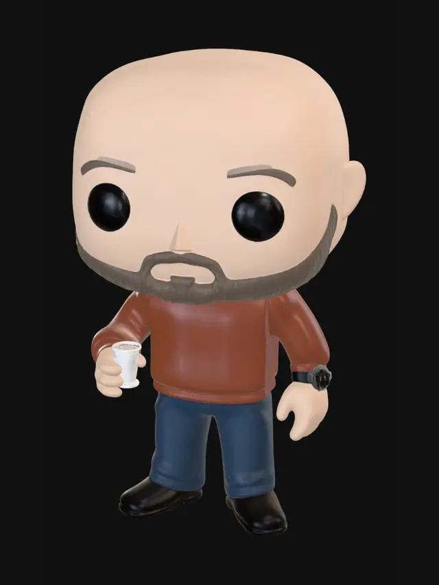 3D model for stile funko pop con un bicchierino in mano senza capelli solo con la barba