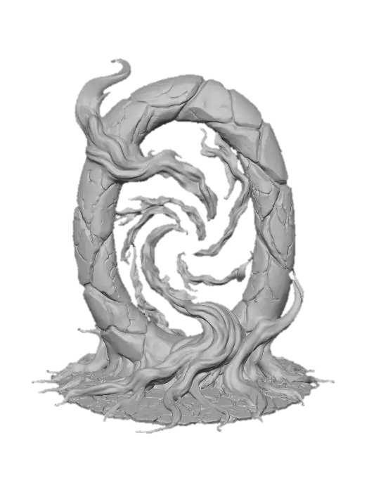 3D model for Create a dramatic magical portal matching the provided reference. Shape: vertical oval vortex with swirling smoke and flowing root-like tendrils at the base. Style: high-detail, cinematic, organic stone frame with deep cracks. Color tone: shiny-white — pale metallic/stone frame with bright white-cold glowing veins and radiant core, cool rim light. Lighting: strong emissive cracks, subtle rim light, volumetric particles/embers. Output PBR-ready texture look, transparent background, high-frequency detail, photoreal-stylized. No watermark or text.