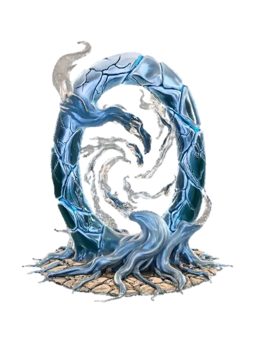 3D model for Create a dramatic magical portal matching the provided reference. Shape: vertical oval vortex with swirling smoke and flowing root-like tendrils at the base. Style: high-detail, cinematic, organic stone frame with deep cracks. Color tone: shiny-white — pale metallic/stone frame with bright white-cold glowing veins and radiant core, cool rim light. Lighting: strong emissive cracks, subtle rim light, volumetric particles/embers. Output PBR-ready texture look, transparent background, high-frequency detail, photoreal-stylized. No watermark or text.