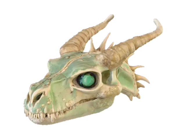 #PBR#, A fossilized dragon skull with elongated, ridged horns curving backward. The… - Fossil 3D model, vytvořený pomocí AI