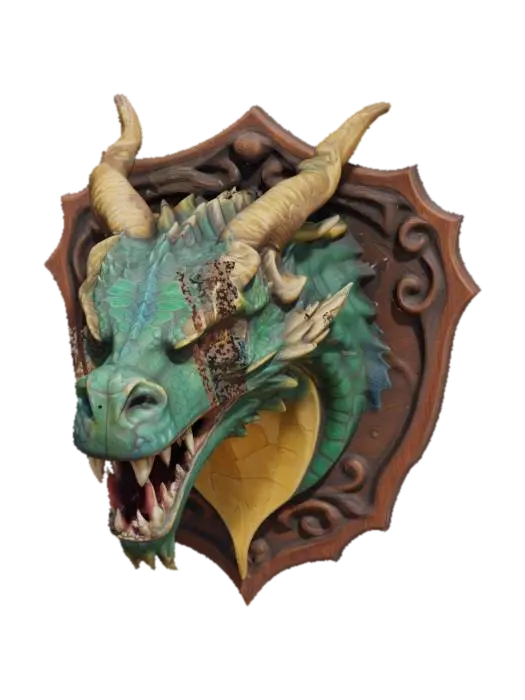 A majestic mountain dragon's head, mounted on a plaque ready to be hung on the wall. 3D model, vytvořený pomocí AI