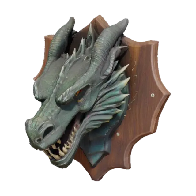 A majestic mountain dragon's head, mounted on a plaque ready to be hung on the wall. 3D model, vytvořený pomocí AI