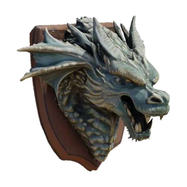 A majestic ancient titan dragon's head, mounted on a plaque ready to be hung on the… 3D model, vytvořený pomocí AI