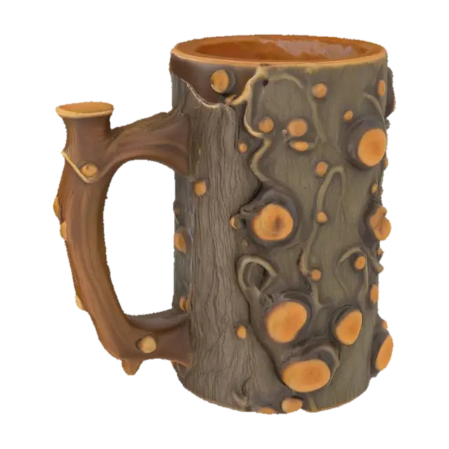 3D model for a cylindrical mug with a textured surface mimicking tree bark, featuring mushroom-like protrusions and a handle shaped like a mushroom stem.
