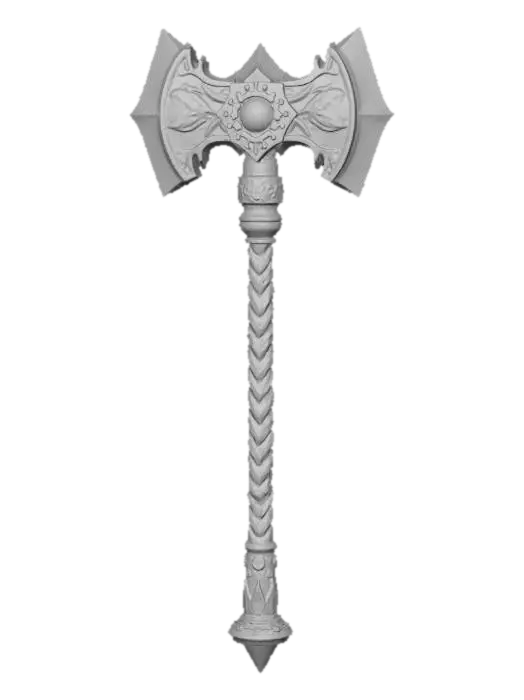 3D model for A warhammer with a double head, silver and green details, braided handle, medieval fantasy style, dark background, intricate carvings, ornate design, powerful weapon