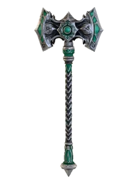 3D model for A warhammer with a double head, silver and green details, braided handle, medieval fantasy style, dark background, intricate carvings, ornate design, powerful weapon