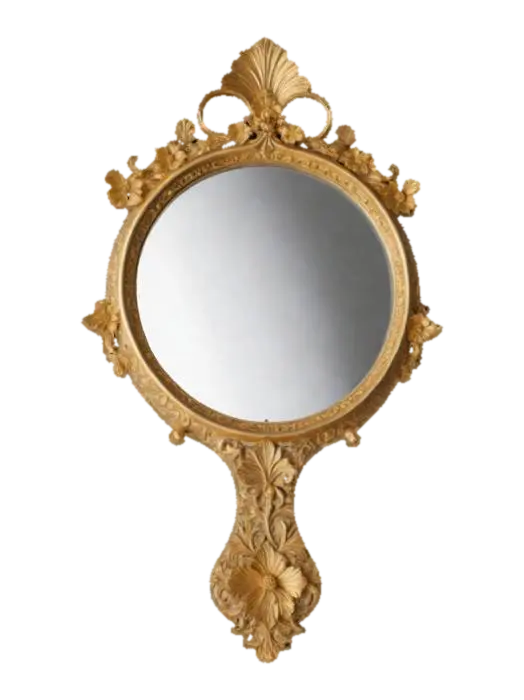 The object is an ornate handheld mirror with an oval reflective surface, gold… 3D model, vytvořený pomocí AI