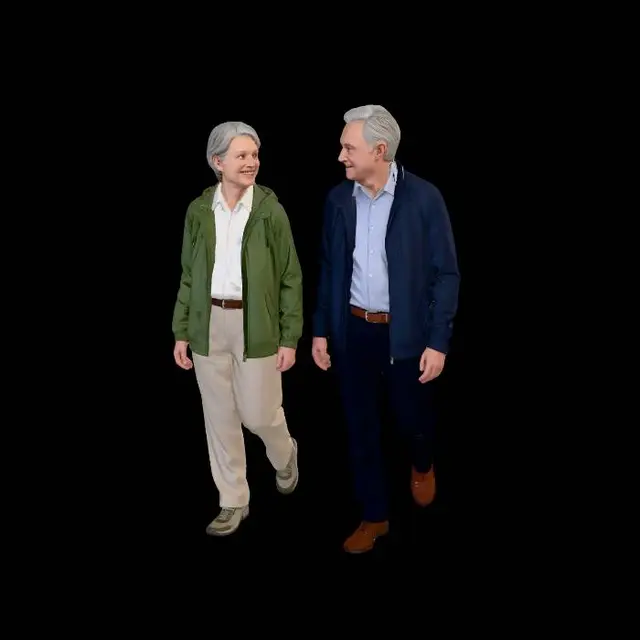 3D model for A realistic elderly European couple walks towards the camera. They walk 70 cm apart. The man looks at the woman. The woman is around 70 years old and wears comfortable shoes, loose beige trousers with a belt, a white shirt, and an open windbreaker. Her husband wears brown leather shoes, navy blue trousers, a brown belt, a light blue shirt, and a dark blue windbreaker.