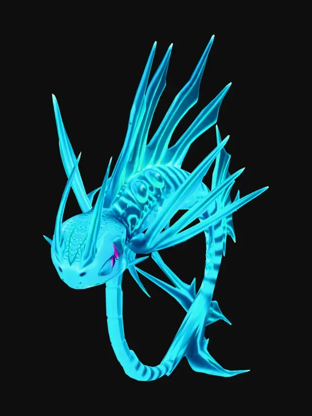3D model for "A new Water/Poison type Pokemon, a sleek and dangerous lionfish-dragon hybrid. Smooth, wet, translucent cyan skin with bio-luminescent toxic green glowing stripes. Sharp, crystalline poisonous fins. Designed for extreme speed in rain and aquatic environments. Underwater caustic lighting, bubbles, shallow depth of field. High-end 3D creature design, Unreal Engine 5, 8k resolution, vibrant and venomous color palette."