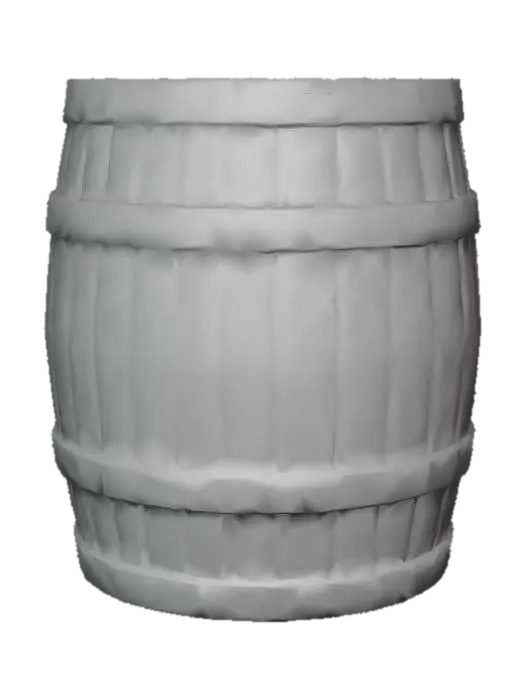 3D model for A medieval wooden barrel. Made of wooden staves with metal bands around it. Closed top, rustic and worn look. No decorations, just a simple storage barrel.