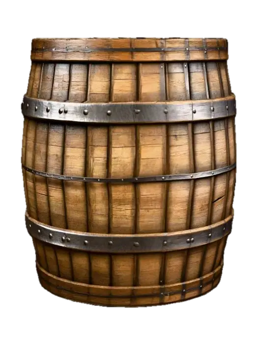 3D model for A medieval wooden barrel. Made of wooden staves with metal bands around it. Closed top, rustic and worn look. No decorations, just a simple storage barrel.