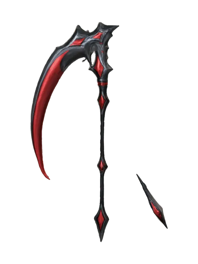 3D model for Create a game-ready low-poly Roblox UGC scythe with a dark black handle, deep red metal details, and one large curved crimson blade. Add subtle glowing red cracks and a small red gem near the blade connection. Keep the shape clean, sharp, dramatic, and easy to recognize. Maximum 4,000 triangles. Use simple geometry, clean topology, correct normals, applied transforms, Roblox-compatible scale, and one texture atlas. No avatar, background, text, logos, floating parts, or copyrighted symbols. Export-ready for Blender and Roblox Studio.