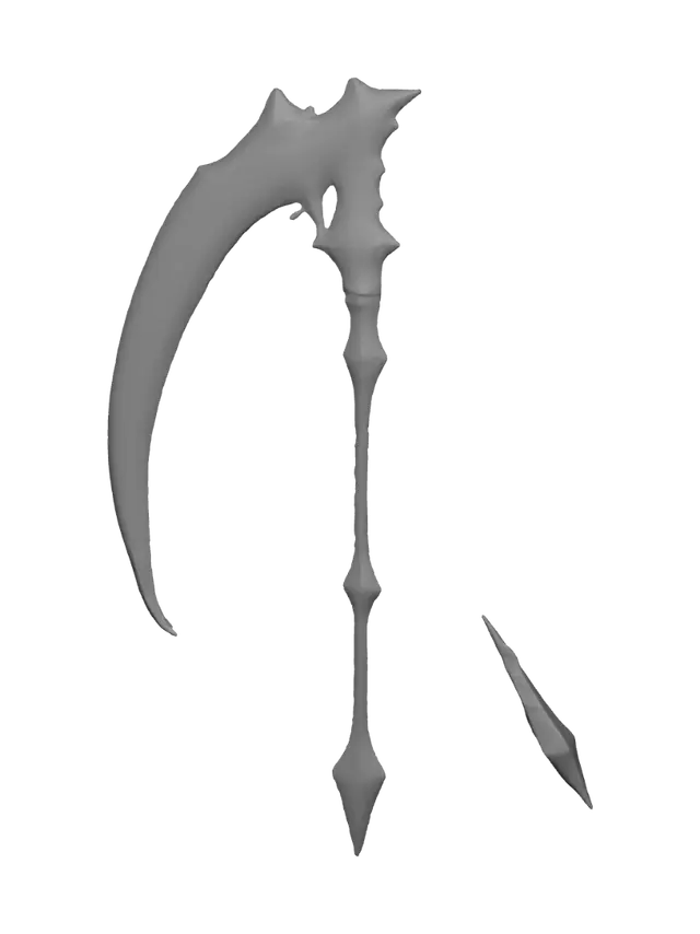 3D model for Create a game-ready low-poly Roblox UGC scythe with a dark black handle, deep red metal details, and one large curved crimson blade. Add subtle glowing red cracks and a small red gem near the blade connection. Keep the shape clean, sharp, dramatic, and easy to recognize. Maximum 4,000 triangles. Use simple geometry, clean topology, correct normals, applied transforms, Roblox-compatible scale, and one texture atlas. No avatar, background, text, logos, floating parts, or copyrighted symbols. Export-ready for Blender and Roblox Studio.