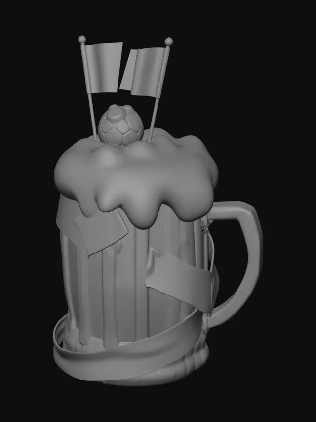 3D model for A cute stylized cartoon Bavarian beer mug (Maßkrug) filled with foamy
beer, wrapped with a German flag ribbon in black, red and gold. A
soccer ball rests on top of the foam. Small German flags on tiny
poles stuck into the foam. Glossy clean surfaces, vibrant saturated
colors, bold cartoon style, smooth rounded shapes, soft studio
lighting, high quality 3D game asset, isolated on a neutral background.