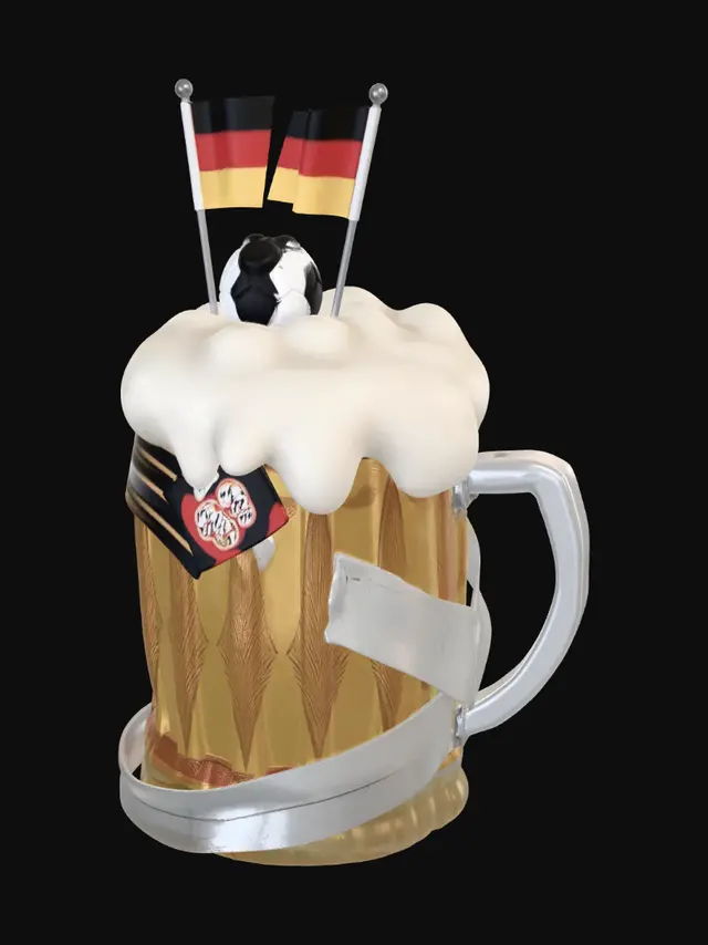 3D model for A cute stylized cartoon Bavarian beer mug (Maßkrug) filled with foamy
beer, wrapped with a German flag ribbon in black, red and gold. A
soccer ball rests on top of the foam. Small German flags on tiny
poles stuck into the foam. Glossy clean surfaces, vibrant saturated
colors, bold cartoon style, smooth rounded shapes, soft studio
lighting, high quality 3D game asset, isolated on a neutral background.