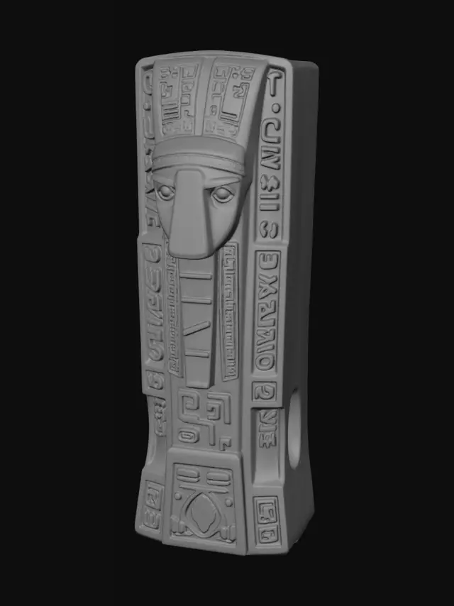 3D model for A formidable, ancient stone idol, meticulously carved from weathered granite with a stern, elongated face and intricate, eroded runic symbols. Its rough, gritty surface is a mottled grey-brown, giving it an aged appearance. The structure is monolithic and tapers slightly upwards, conveying immense weight and a cold, abrasive tactile quality.