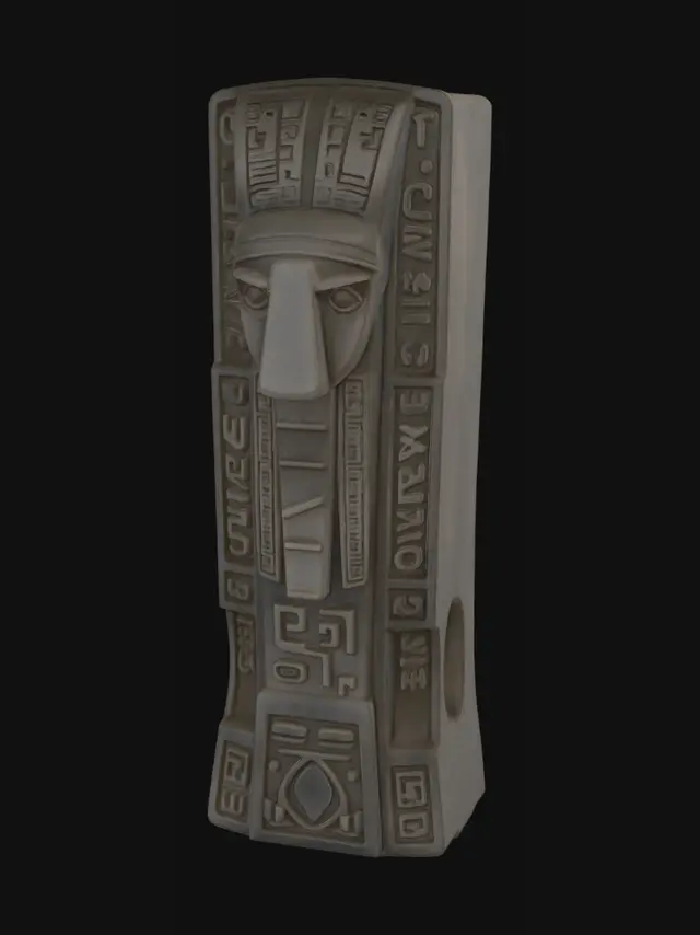 3D model for A formidable, ancient stone idol, meticulously carved from weathered granite with a stern, elongated face and intricate, eroded runic symbols. Its rough, gritty surface is a mottled grey-brown, giving it an aged appearance. The structure is monolithic and tapers slightly upwards, conveying immense weight and a cold, abrasive tactile quality.