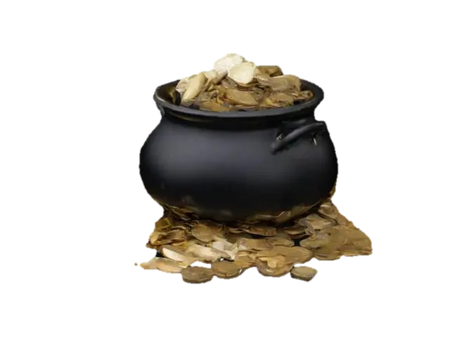 black pot of gold, with coins over flowing into the ground - Holidays 3D model, vytvořený pomocí AI