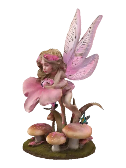 fairy LEANING AGAINST A PINK FLOWER WITH MUSHROOMS ON THE GROUND & BUTTERFLIES… 3D model, vytvořený pomocí AI